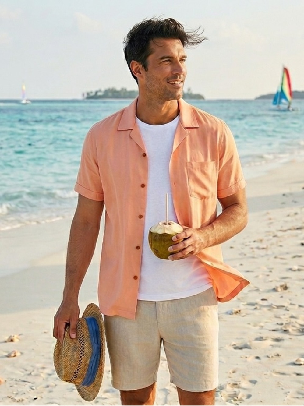 SOL SILK Men's Casual Button-Down Shirt in Peach 100% Silk Men’s SIZE XXL